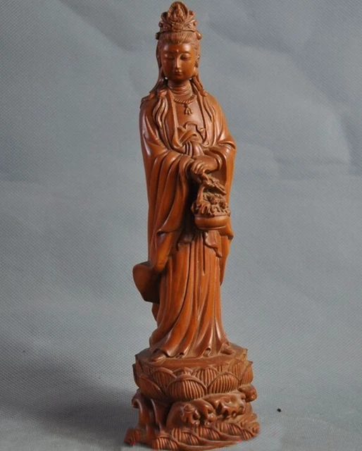 8" Chinese Boxwood Wood Hand Carved GuanYin Bodhisattva Buddha Statue Ornament