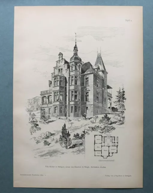 AR93) Architektur Stuttgart 1893 Villa Kröner Haus Grundriss Holzstich 28x39cm