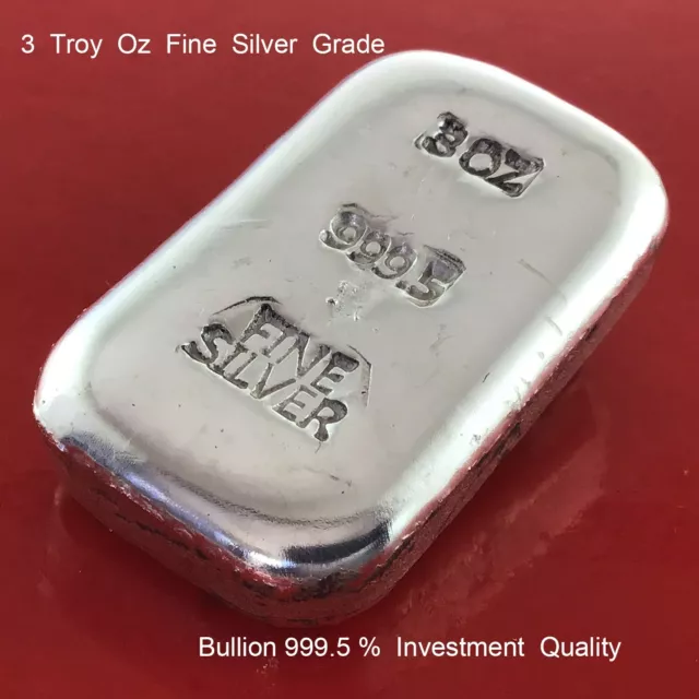 3 Troy Oz Ounce 999.5 Fine Pure Solid Silver Bullion Ingot Bar Hand Poured
