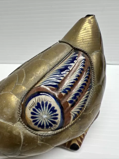 Vintage Mexican Tonala Duck Hand Painted Glazed Ceramic Pottery Brass Bird 3