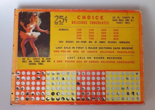 Gambling Punchboard Win Delicious Chocolates Risque Girl Dancing Vtg