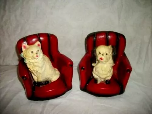 1940s BOOKENDS CHALKWARE PLASTER RED CHAIR DOG CAT CARNIVAL PRIZE ROBIA WARE ART