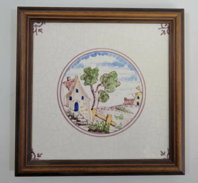 Vintage Lot 2 Framed Delft Hand Decorated Tiles Countryside Town Village 6"x6" 3