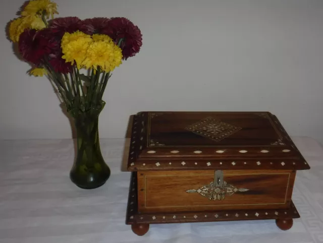 Large Antique Wooden Inlaid Jewellery Box,Sewing,Storage Box