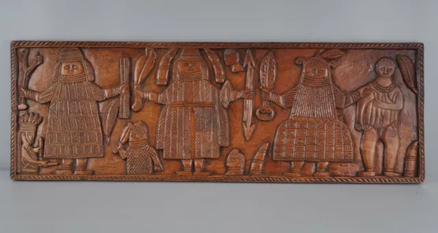 African Tribal Art Benin Wood Panel of King Oba & Attendants Nigeria Yoruba