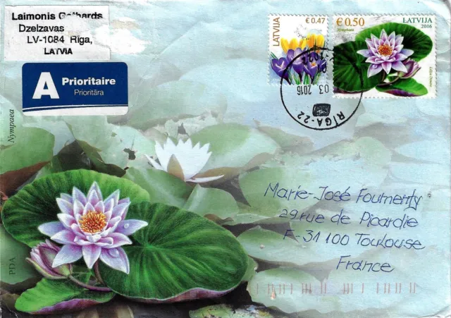 Lettonie, 2016, Lettre illustrée nénuphar Nymphéa de Riga pour Toulouse fleur