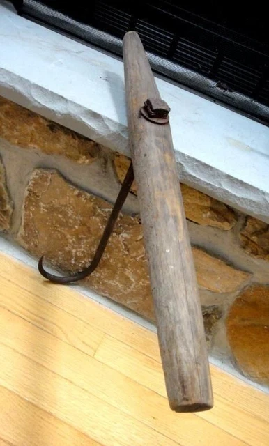 antique LARGE WROUGHT IRON HAY HOOK w/WOOD HANDLE amish farm tool,lancaster pa 2