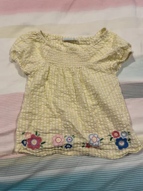 Girls JoJo Maman Bebe Smock Yellow White Gingham Shortsleeve Top Floral 3-4 Year