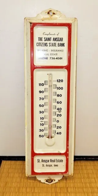 Vtg The Saint Ansgar Citizens State Bank Iowa Hanging Metal Thermometer 13"