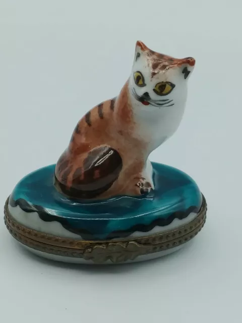 Limoges Trinket Box Tiger/Tabby Cat  Roughly 2 1/8" Tall 2 1/8" Wide