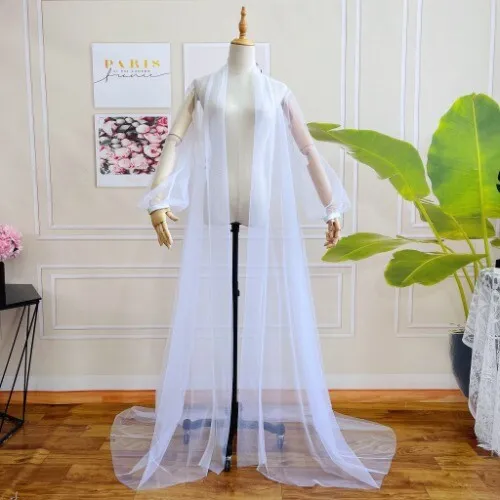 White Tulle Long Mesh Wedding Cape Bohemian Bridal Accessories Long Wrap Jacket