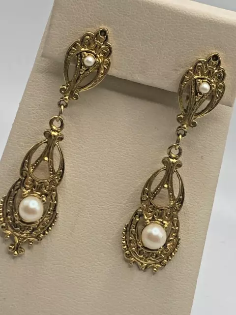 Gold Tone Filigree Faux Pearl Drop Clip on Earrings