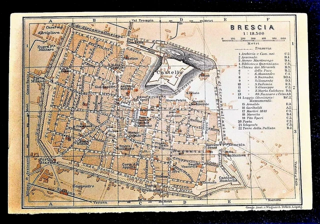Baedeker Italia Settentrionale - Antica Mappa Topografica - Brescia - 1901