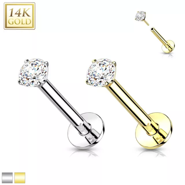 Push In Labret Ear Tragus Stud Natural Diamond  14K Solid gold 18G