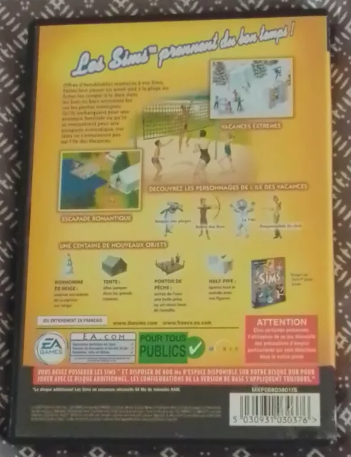 Les Sims 1 En Vacances extension PAS DE CLE CD - Jeu PC Ordinateur FR TBE 2