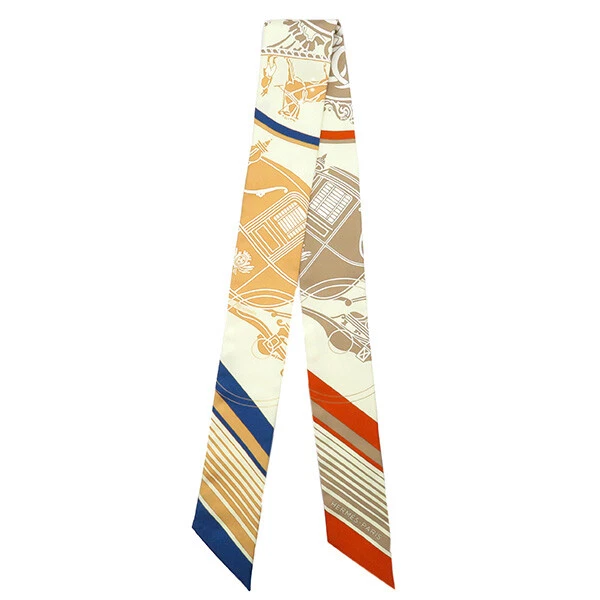 Hermes Twilly Scarf Silk 100 Ex Libris Box Cream Orange Beige 22M Women 33.5x2in