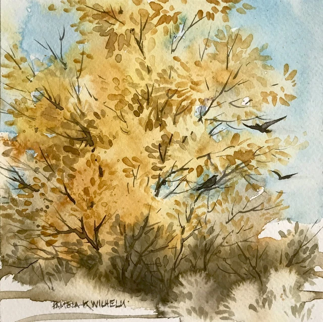 Original Watercolor 7”X7” Pamela Wilhelm Golden autumn crows Cottonwood tree