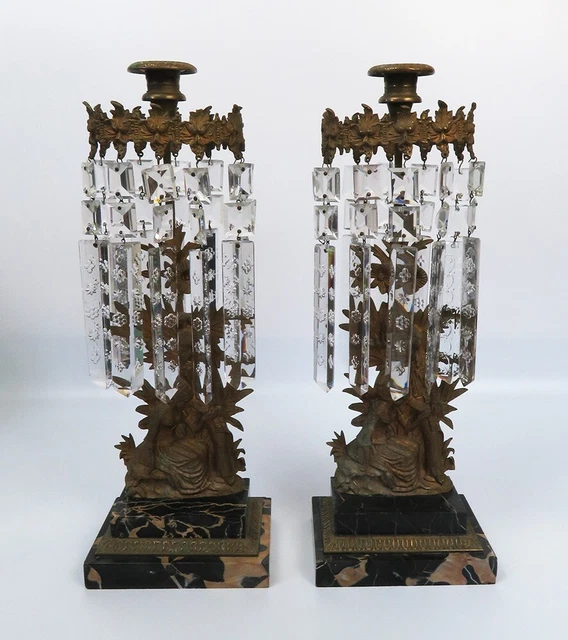 Stunning Pair American Victorian Brass Mantle Lustres on Marble w Courting Scene
