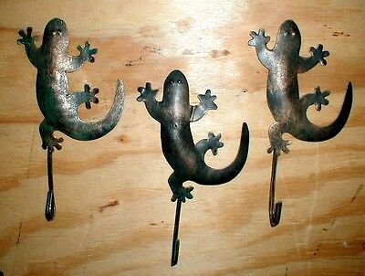 Gecko Hooks (3) Iron 7.5" Handmade Keyholder Craft Geico Gecko Key Hooks