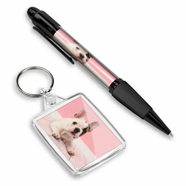 Pen & Keyring (Rectangle) - Pink French Bulldog Puppy Dog  #16355