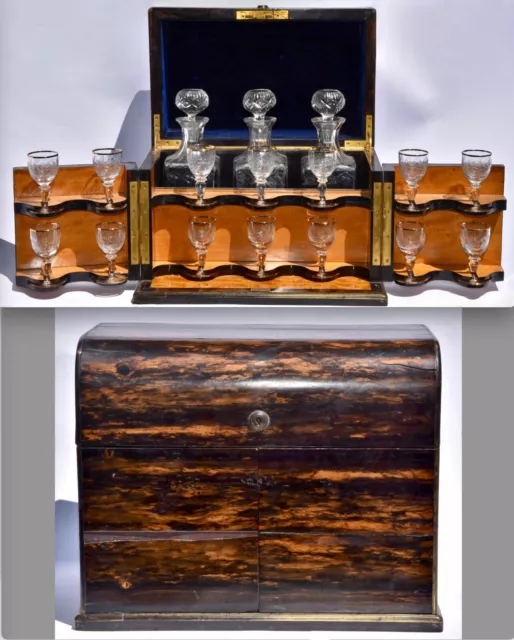 Antique Victorian Leuchars Coromandel Cave A Liqueur Box, 14 Glasses & Decanters