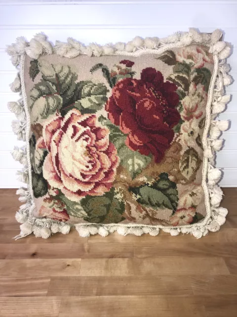 Handmade Wool Petit Point Needlepoint Rose Floral Throw Pillow Cover 18x18