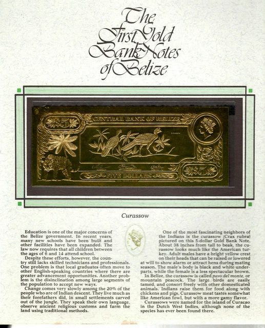 22kt Gold $5 Belize 1981 Banknote- CURASSOW - RARE UNC - light display stain
