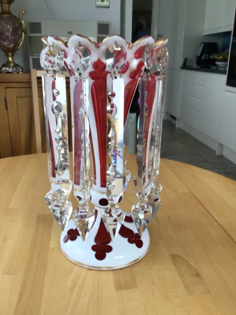 Victorian Overlaid Cranberry Vase with 12 Lustres