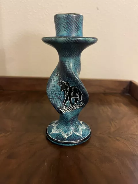 African Handmade Carved Twisted Soapstone Blue Candle Holder