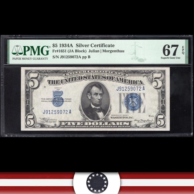 1934-A $5 SILVER CERTIFICATE *J-A Block* PMG 67 EPQ Fr 1651 59072
