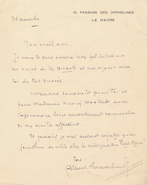 ALBERTPAUL HERRENSCHMIDT JOURNALISTE lettre autographe signée Henri
