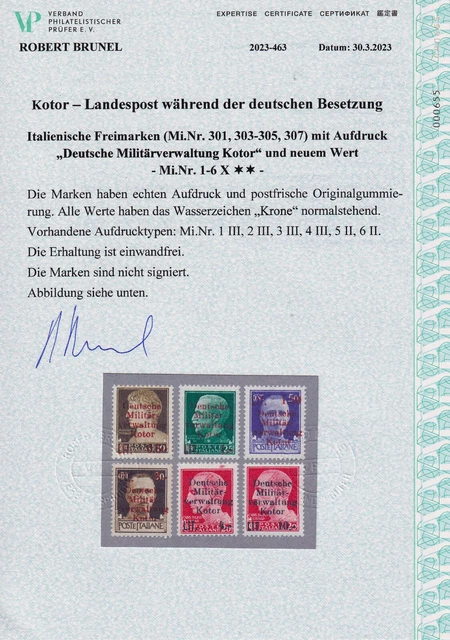 Kotor Deutsche Besetzung 1943  Mi.Nr.  1-6 X postfrisch ** Fotoattest Brunel