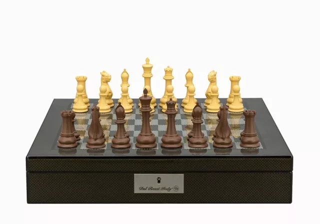 Dal Rossi Italy Chess Set Carbon Fibre Shiny Finish 16" With Compartments, With