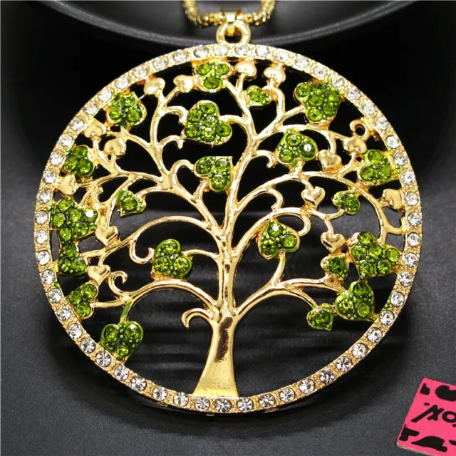 New Betsey Johnson Green Rhinestone Hope Tree Crystal Pendant Chain Necklace