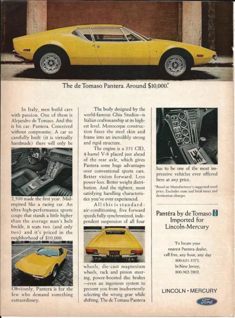 1972 De Tomaso Pantera Vintage Print Ad Imported Ford Lincoln Mercury 1970s