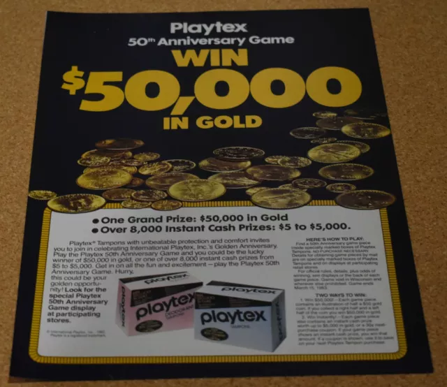 1982 Print Ad Playtex 50th anniversary gold coin cash prizes tampons protection