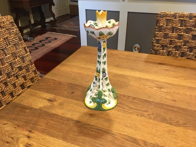 Vtg Hand Painted Italian Majolica 12” Candlestick - Made In Italy - Signed