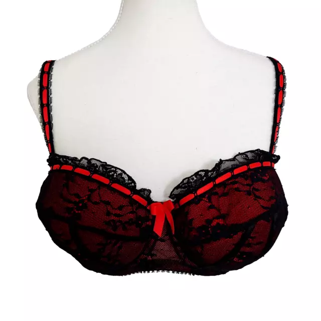 Dita Von Teese Von Follies Bra Size 12D Underwire Black Lace over Red Ribbon