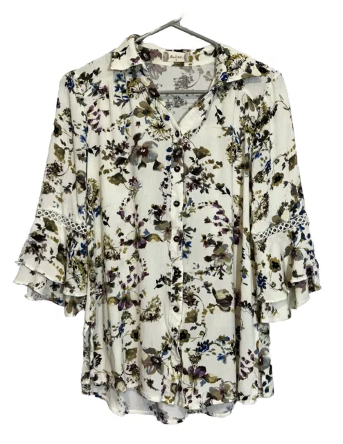 Altar’d State Womens Size Small Ivory Button Down Floral Bell Sleeve Blouse