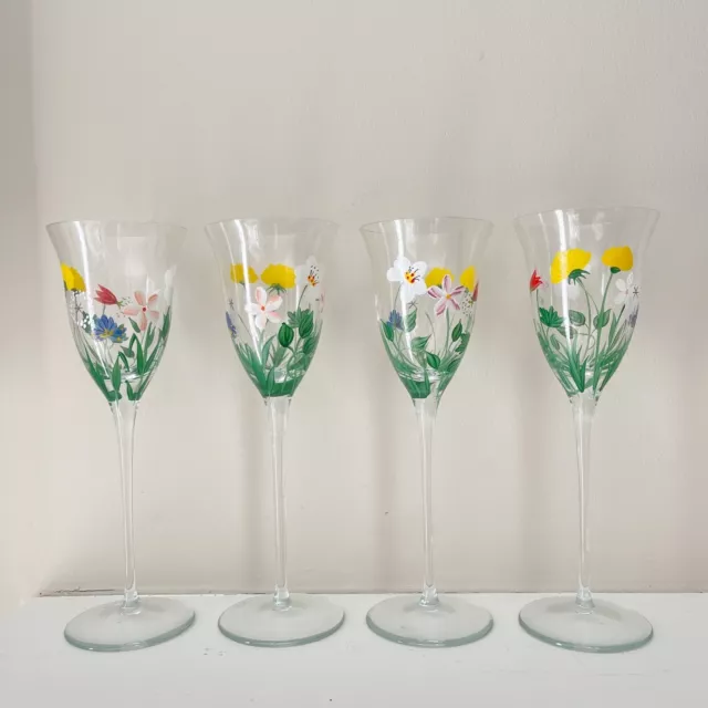 4 Hand Painted Crystal Wine Flutes Royal Danube Floral Champagne Glass  10"