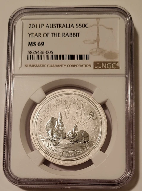 Australia 2011 P 1/2 oz Silver 50 Cents Year of the Rabbit MS69 NGC