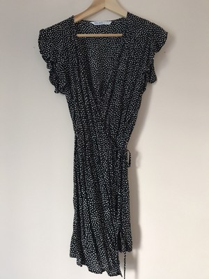 Zara Black White Speckled Polkadot Wrap Dress Size Medium