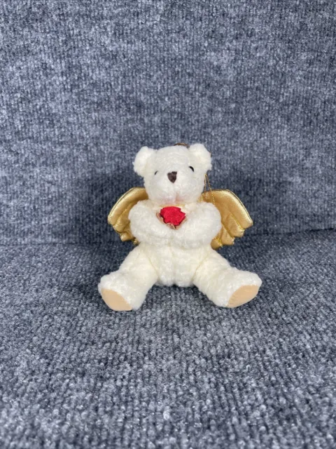 ✨Russ Berrie Teddy Bear Angel w/ Gold Wings Rose Stuffed Plush Toy Ornament✨