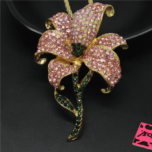 New Betsey Johnson Pink Bling Flower Rhinestone Crystal Pendant Chain Necklace 2