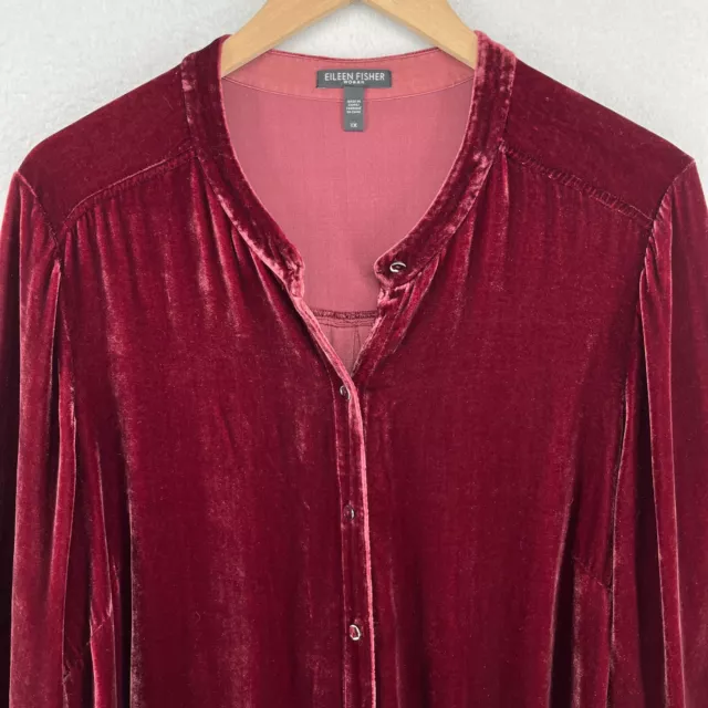 EILEEN FISHER Top 1X Plus Velvet Tunic Rayon Silk Button Front Long Sleeve Red 3