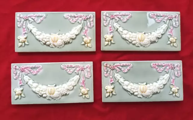 4 Piece Old Art Deco Embossed Design Majolica Ceramic Tiles Japan 0383 3