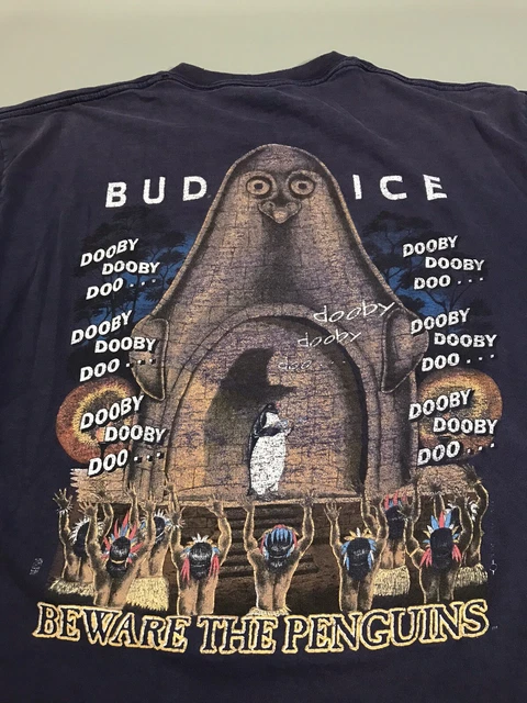 VINTAGE BUD ICE Beware the Penguins Promo Beer T Shirt XL 90s