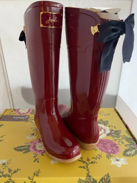 Joules French Burgundy Red Evedon Welly Rain Boot Bow size 8 womens NWB