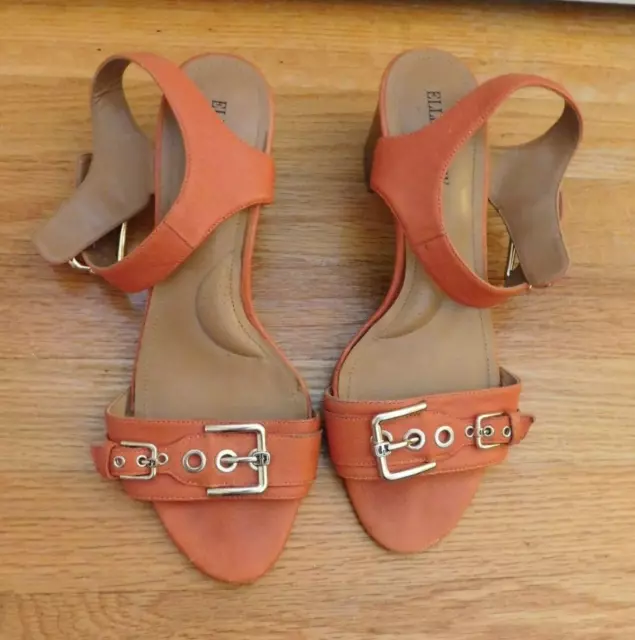 Ellen Tracy "Catalina" Size 9 M Leather Buckle Orange Ankle Block Heel Sandals 2