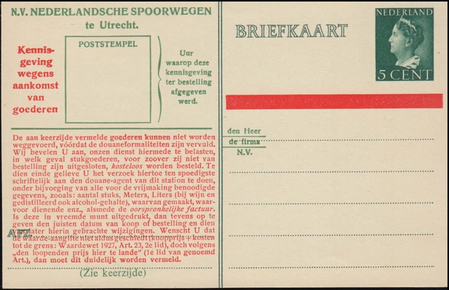 Postkarte P 230b Zudruck Spoorwegen: Model A.A. 238f, ungebraucht ** / MNH